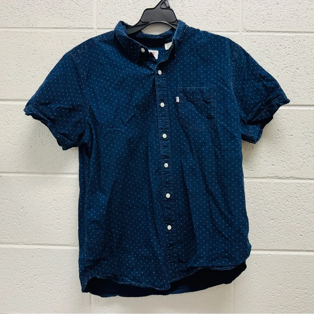 Levi’s Short Sleeve Button Down Shirt Navy Micro Print‎ Size Large 100% Cotton